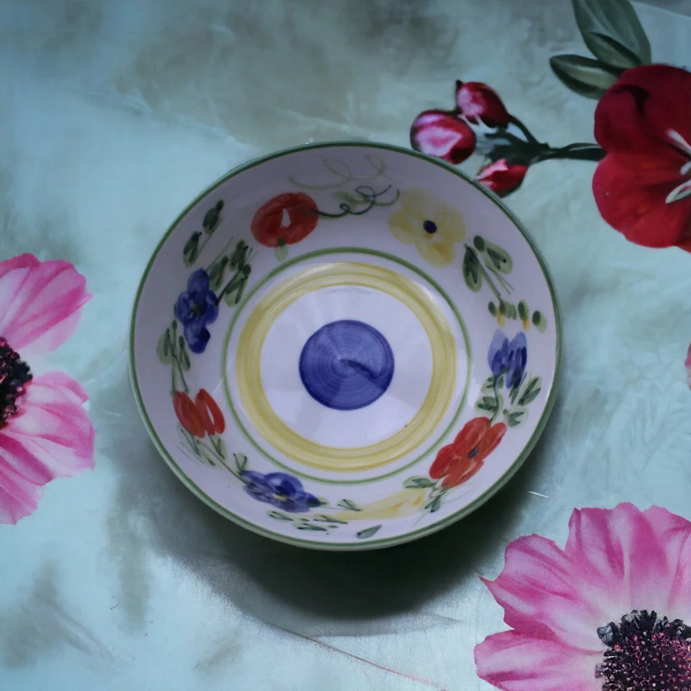 Gibson Designs Bountiful Coupe Cereal Bowl Yellow Band Blue Circle Floral